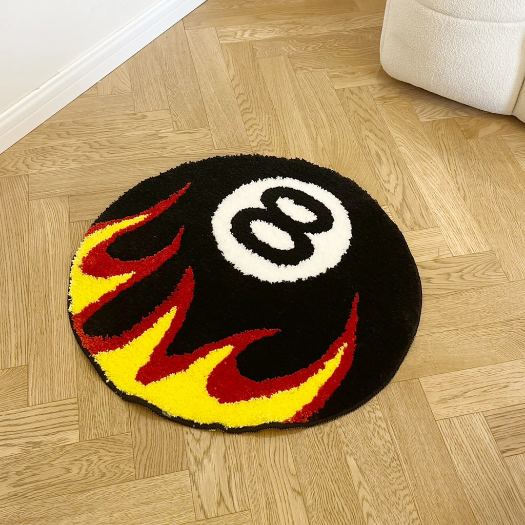 Flaming 8-Ball Billiards Tufted Rug – Cool Bedroom & Game Room Mat