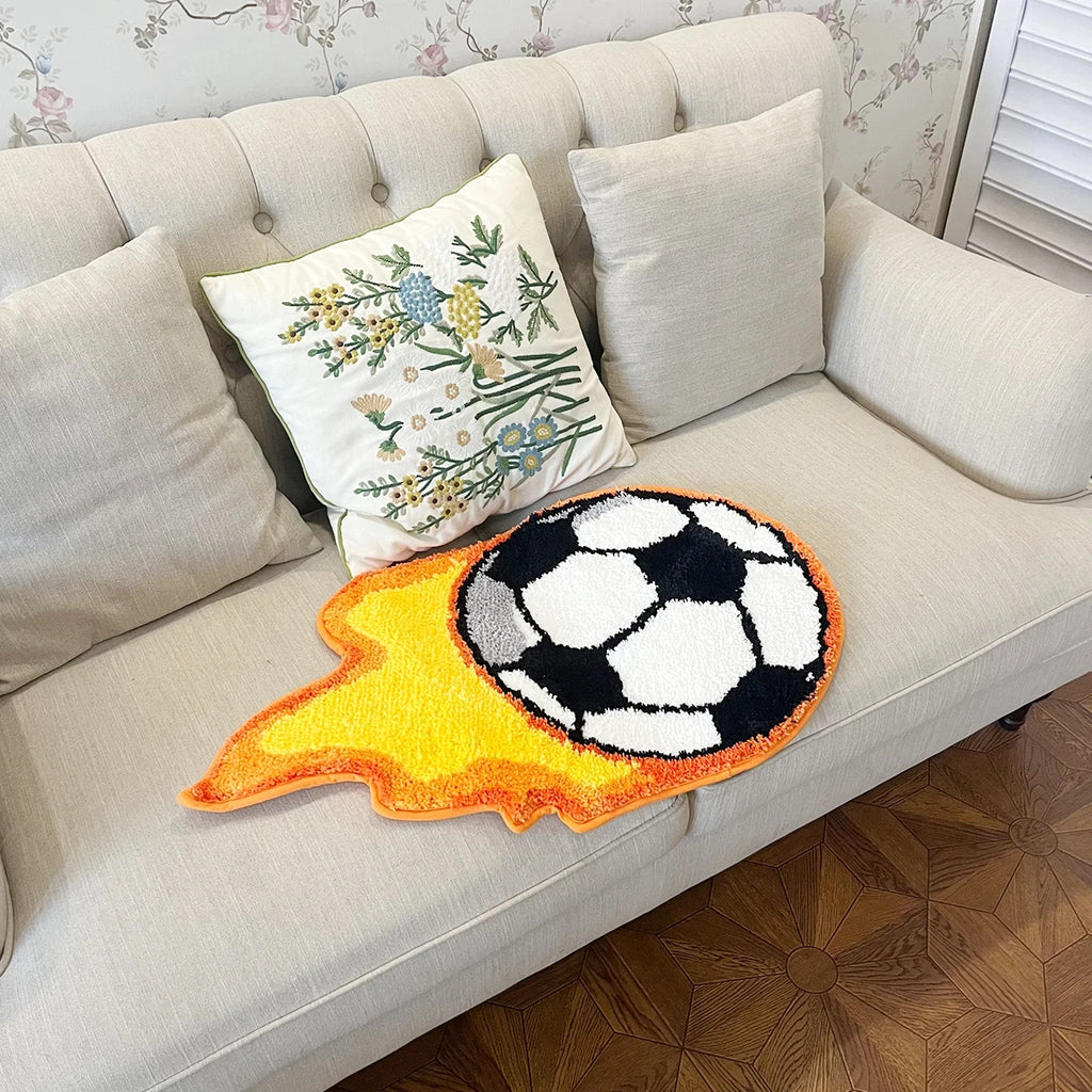 Flaming Soccer Ball Tufted Rug – Bold Sports-Themed Handmade Area Rug
