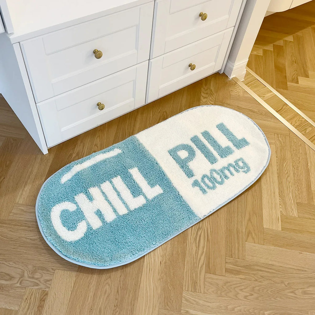 Chill Pill Oval Plush Accent Rug – Quirky Aesthetic Soft Bedroom Mat