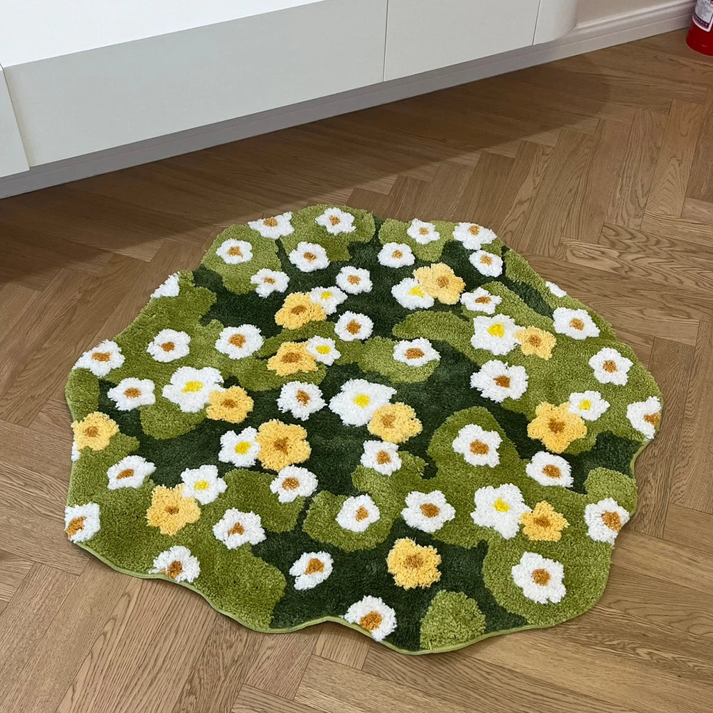Daisy Meadow Moss Green Plush Rug – Cottagecore Floral Soft Bedroom Floor Mat
