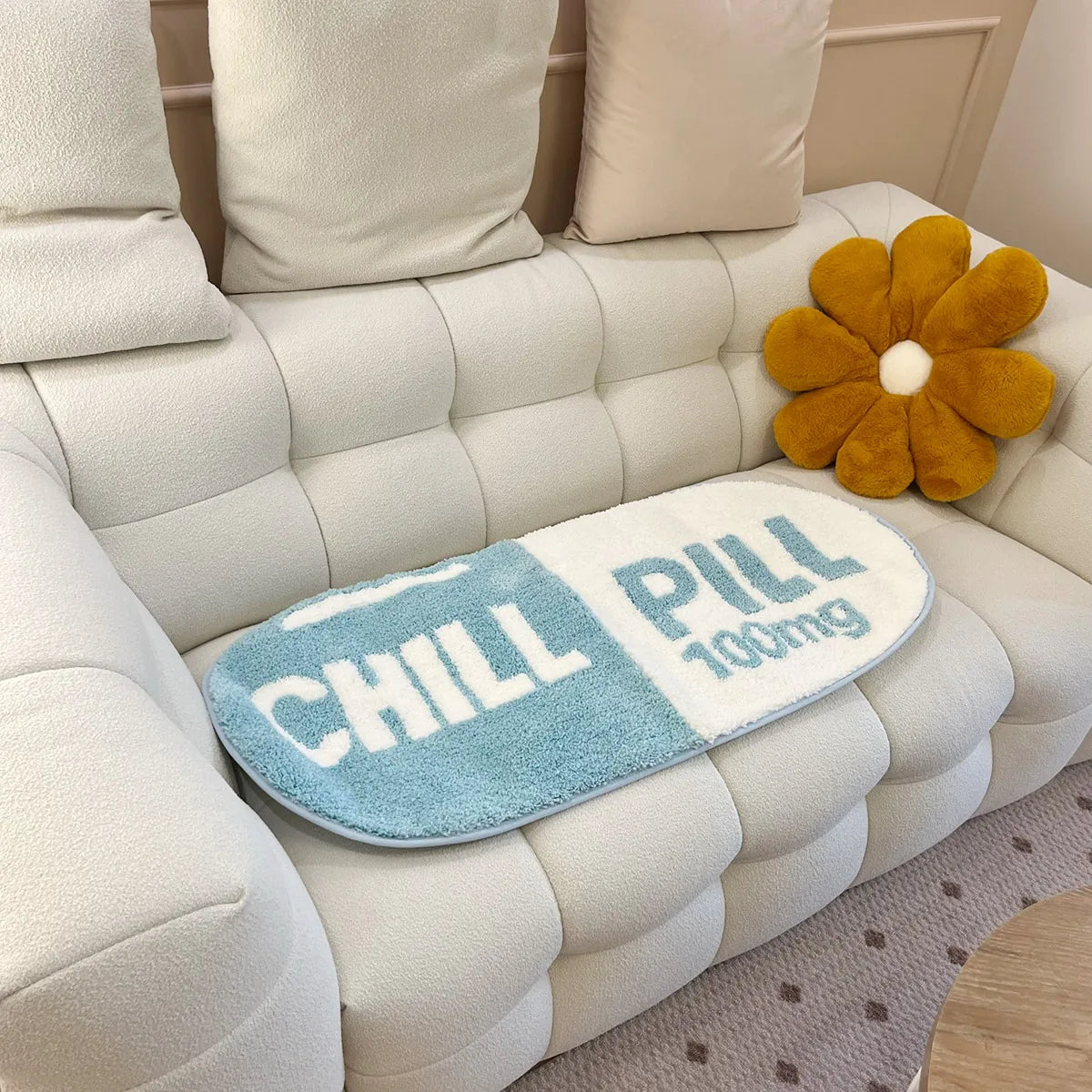 Chill Pill Oval Plush Accent Rug – Quirky Aesthetic Soft Bedroom Mat