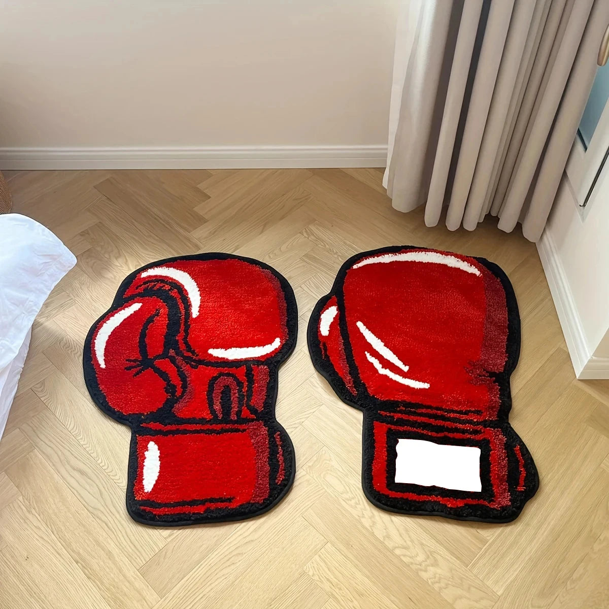 Boxing Gloves Fluffy Tufted Accent Rug – Sports-Themed Shaped Bedroom Floor Mat