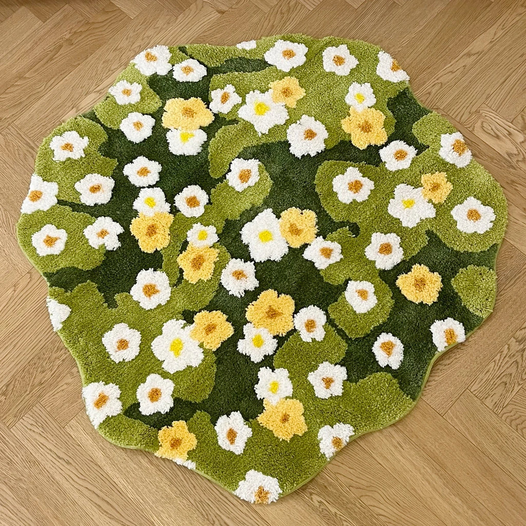 Daisy Meadow Moss Green Plush Rug – Cottagecore Floral Soft Bedroom Floor Mat