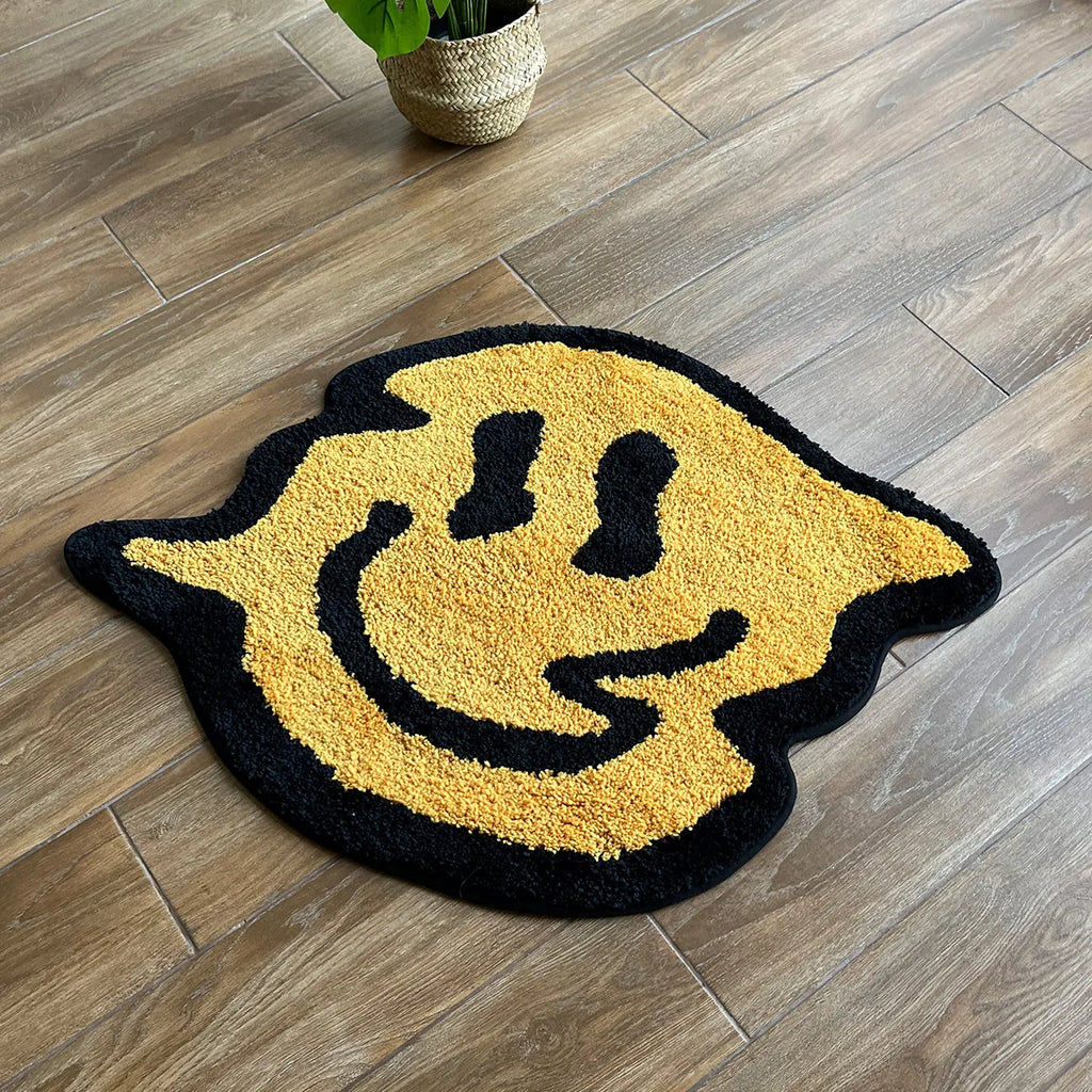 Trippy Smiley Face Fluffy Accent Rug – Psychedelic Retro Bedroom Decor Mat