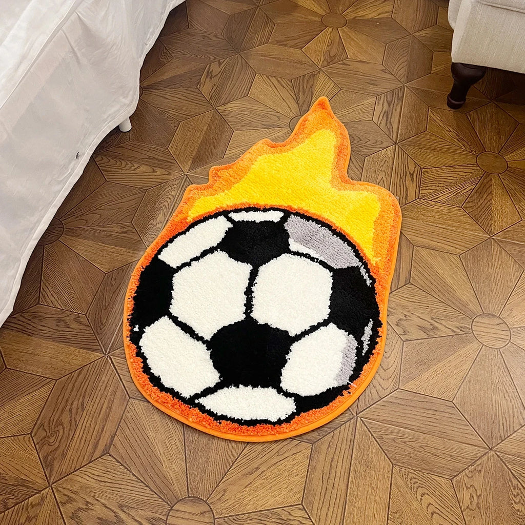 Flaming Soccer Ball Tufted Rug – Bold Sports-Themed Handmade Area Rug