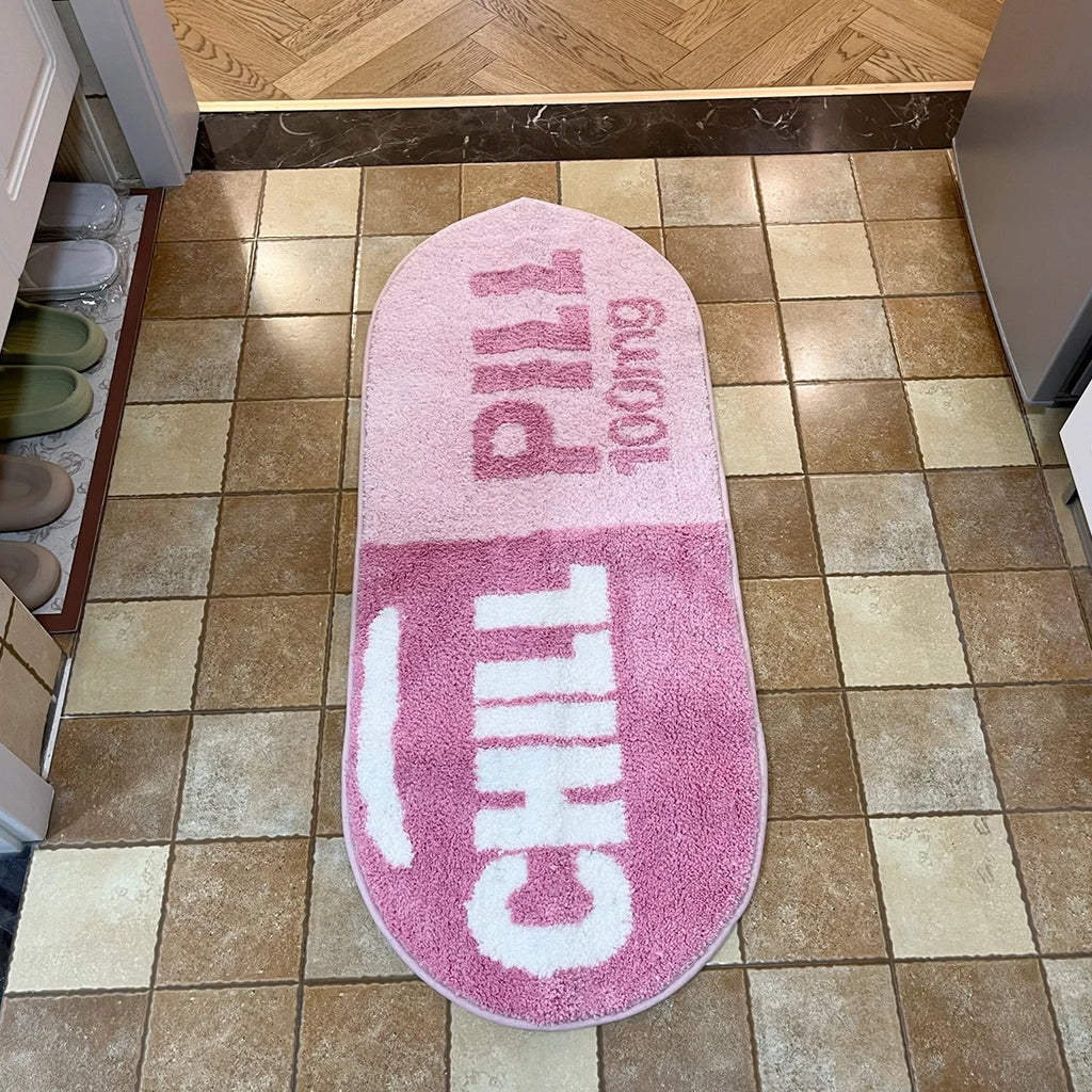 Chill Pill Oval Plush Accent Rug – Quirky Aesthetic Soft Bedroom Mat