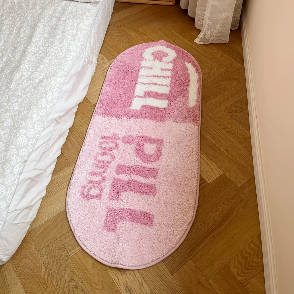 Chill Pill Oval Plush Accent Rug – Quirky Aesthetic Soft Bedroom Mat