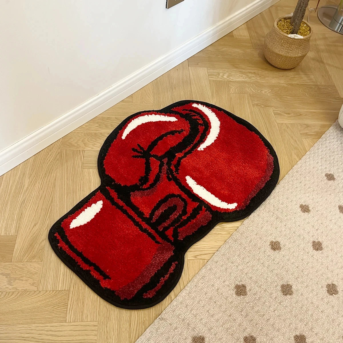 Boxing Gloves Fluffy Tufted Accent Rug – Sports-Themed Shaped Bedroom Floor Mat