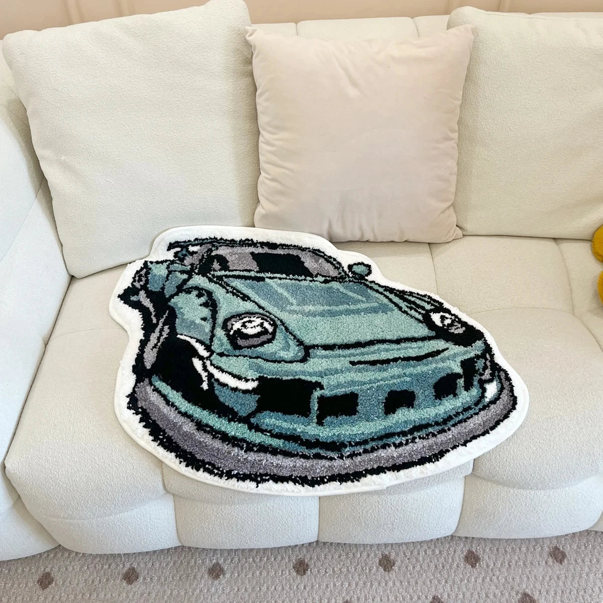 Green Sports Car Shaped Accent Rug – Novelty Racing Car Bedroom Floor Mat