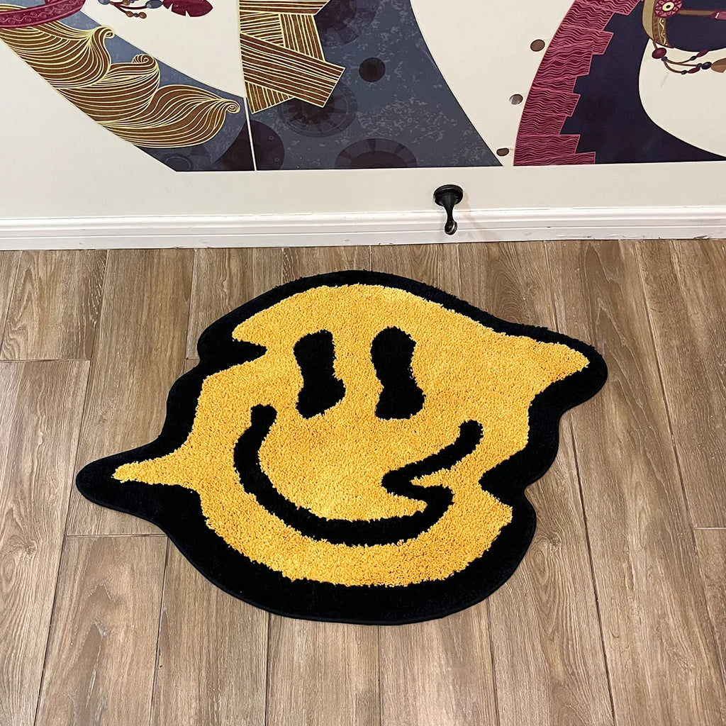 Trippy Smiley Face Fluffy Accent Rug – Psychedelic Retro Bedroom Decor Mat