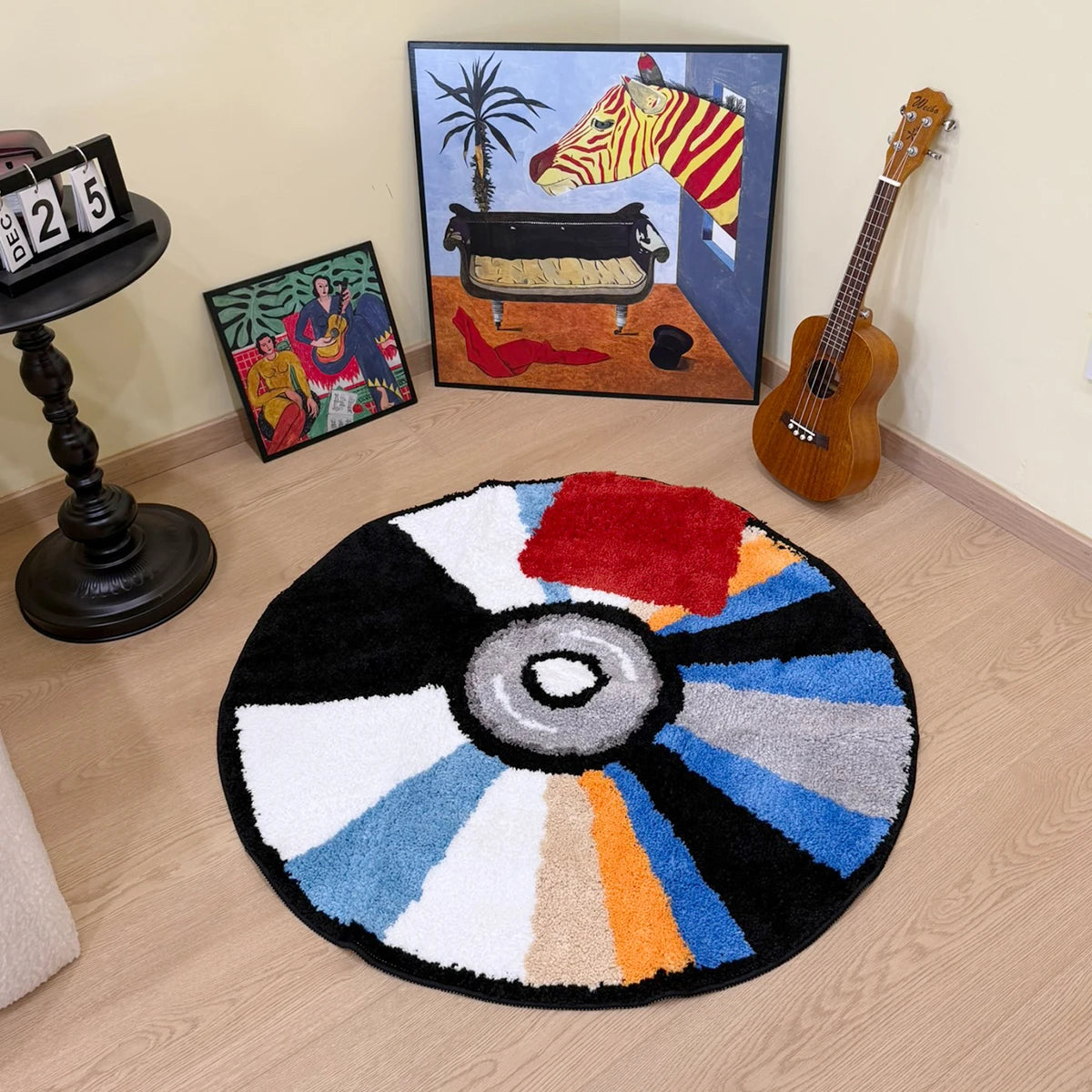 Vibrant CD Record Shaped Tufted Rug – 3D Retro Round Carpet for Living Room