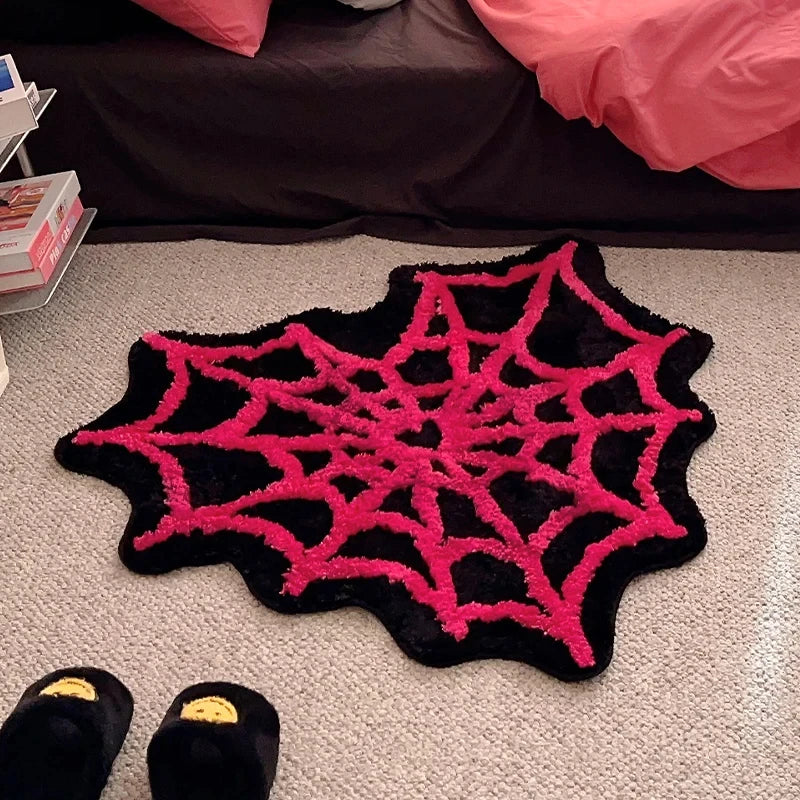 Spider Web Plush Accent Rug – Halloween & Gothic Themed Bedroom Floor Mat