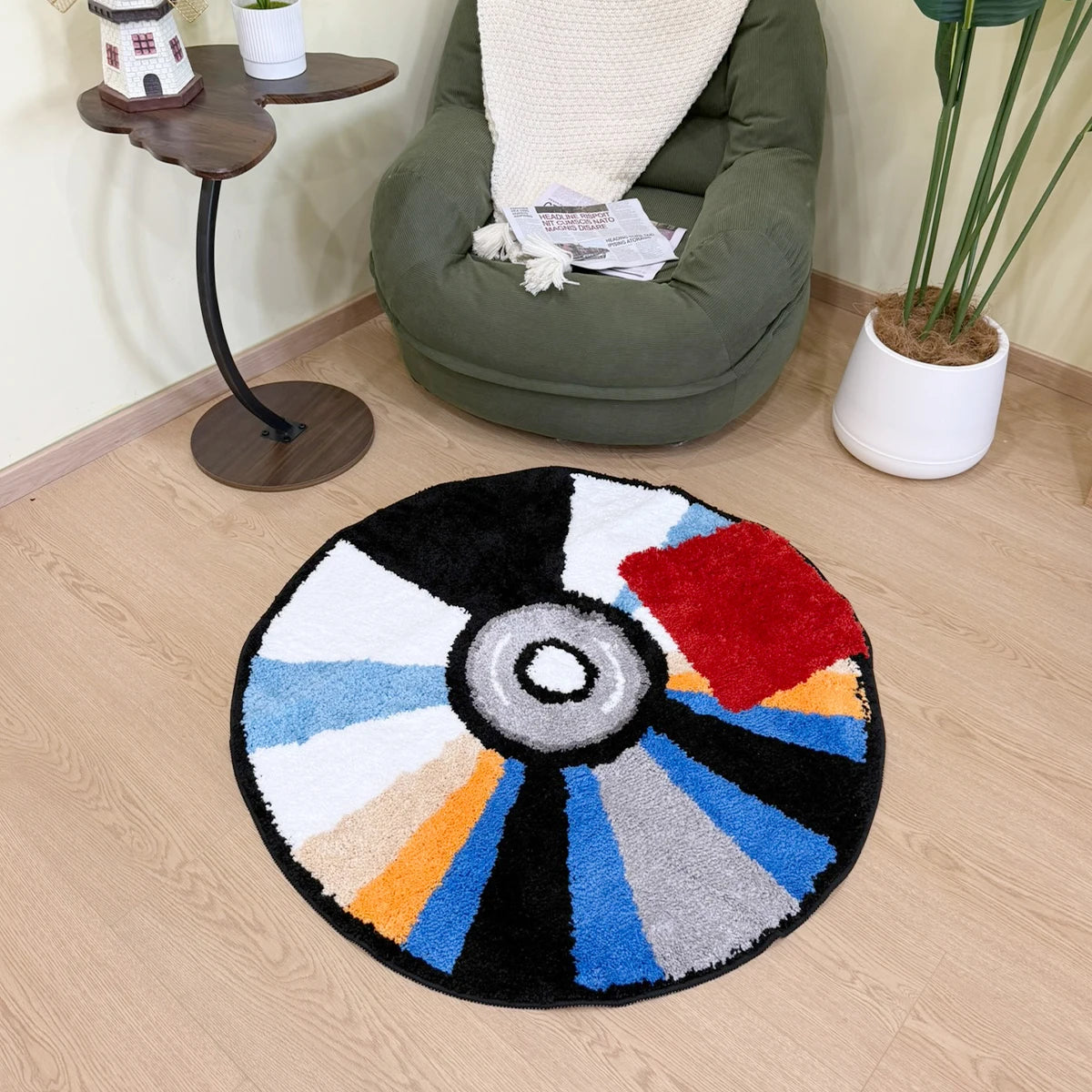 Vibrant CD Record Shaped Tufted Rug – 3D Retro Round Carpet for Living Room