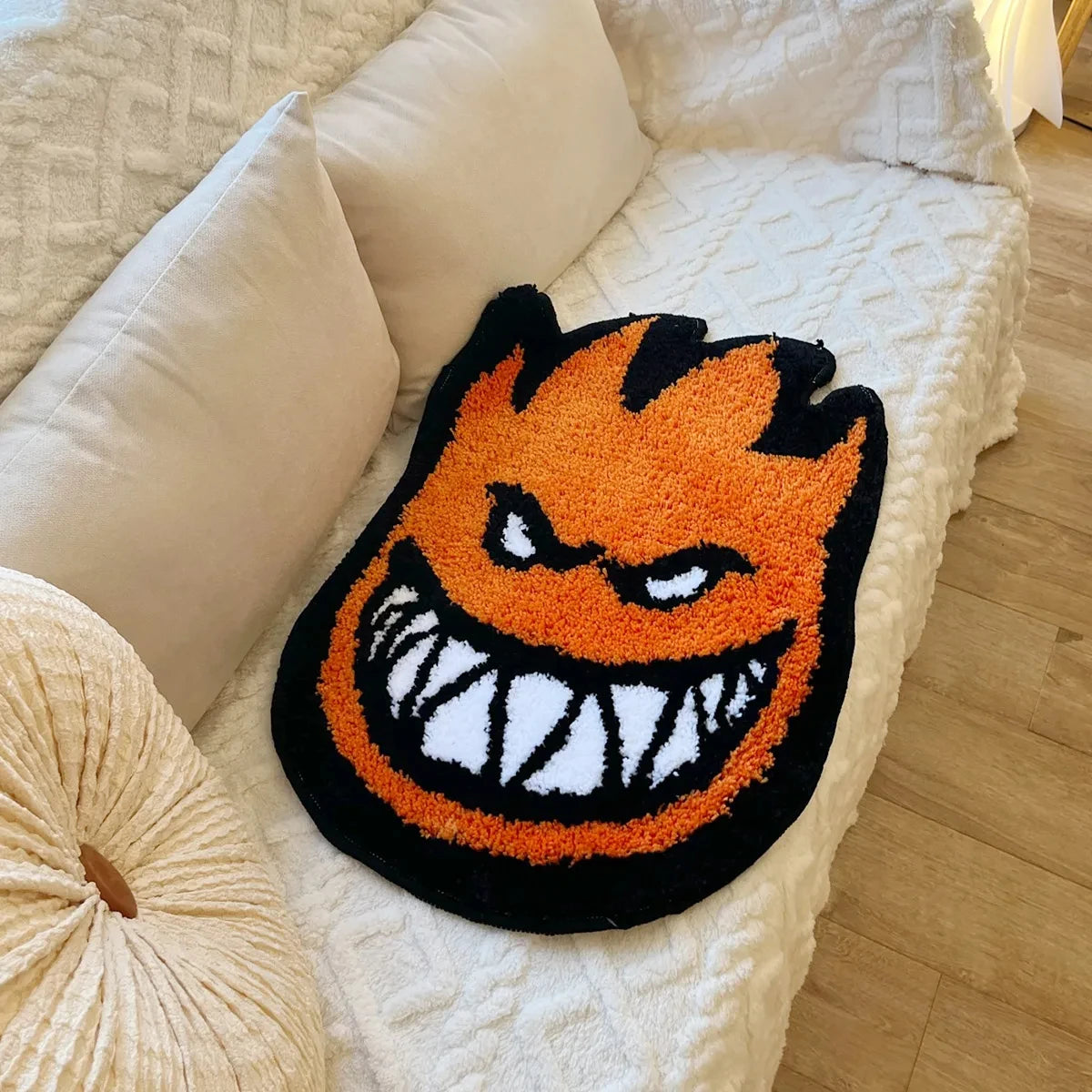 Orange Flame Plush Bedside & Bath Mat – Bold Fire-Shaped Novelty Area Rug