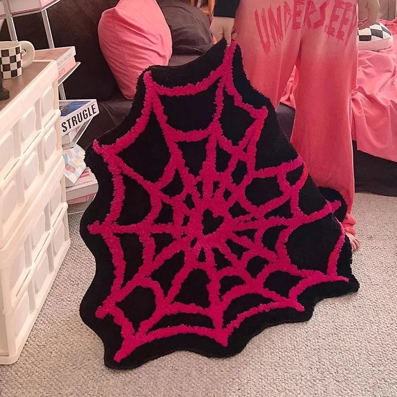 Spider Web Plush Accent Rug – Halloween & Gothic Themed Bedroom Floor Mat