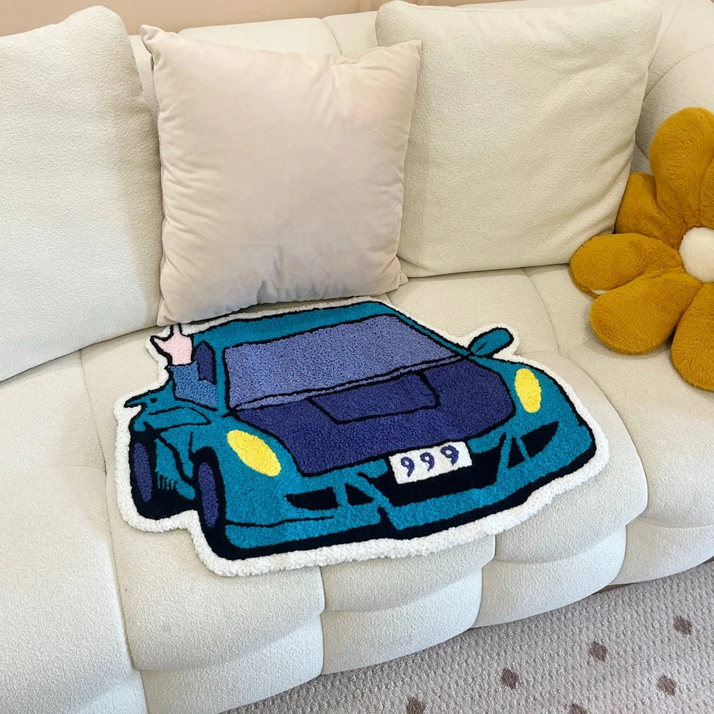 Turquoise & Purple Sports Car Shag Rug – Cool Novelty Racing Car Shaped Floor Mat