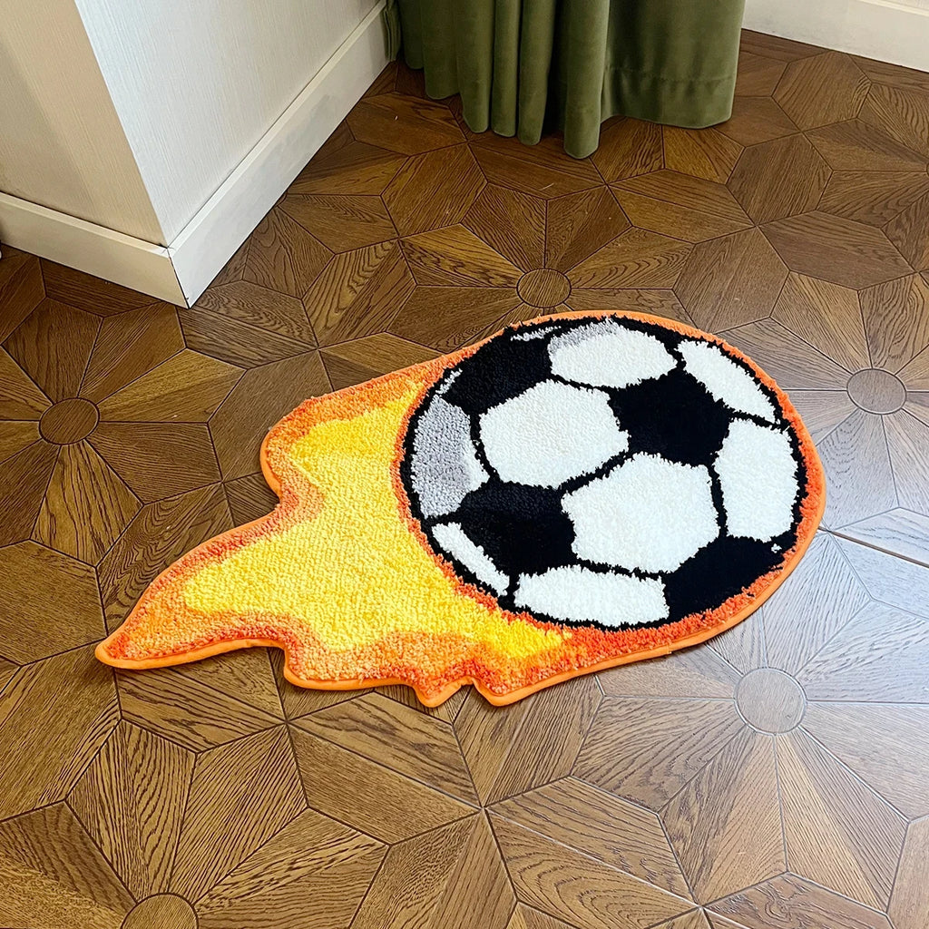 Flaming Soccer Ball Tufted Rug – Bold Sports-Themed Handmade Area Rug