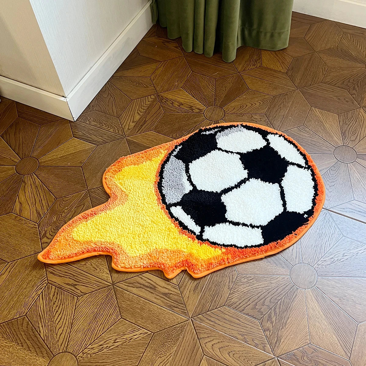 Flaming Soccer Ball Tufted Rug – Bold Sports-Themed Handmade Area Rug