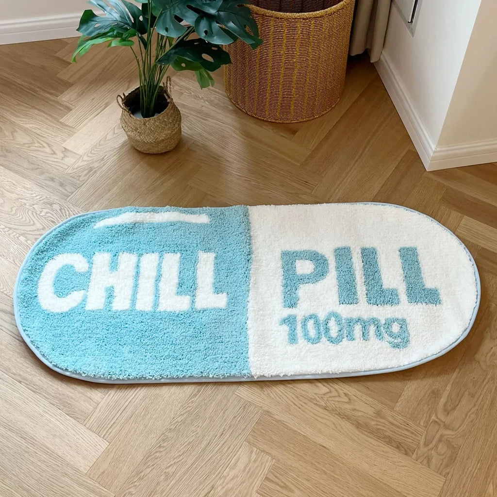 Chill Pill Oval Plush Accent Rug – Quirky Aesthetic Soft Bedroom Mat
