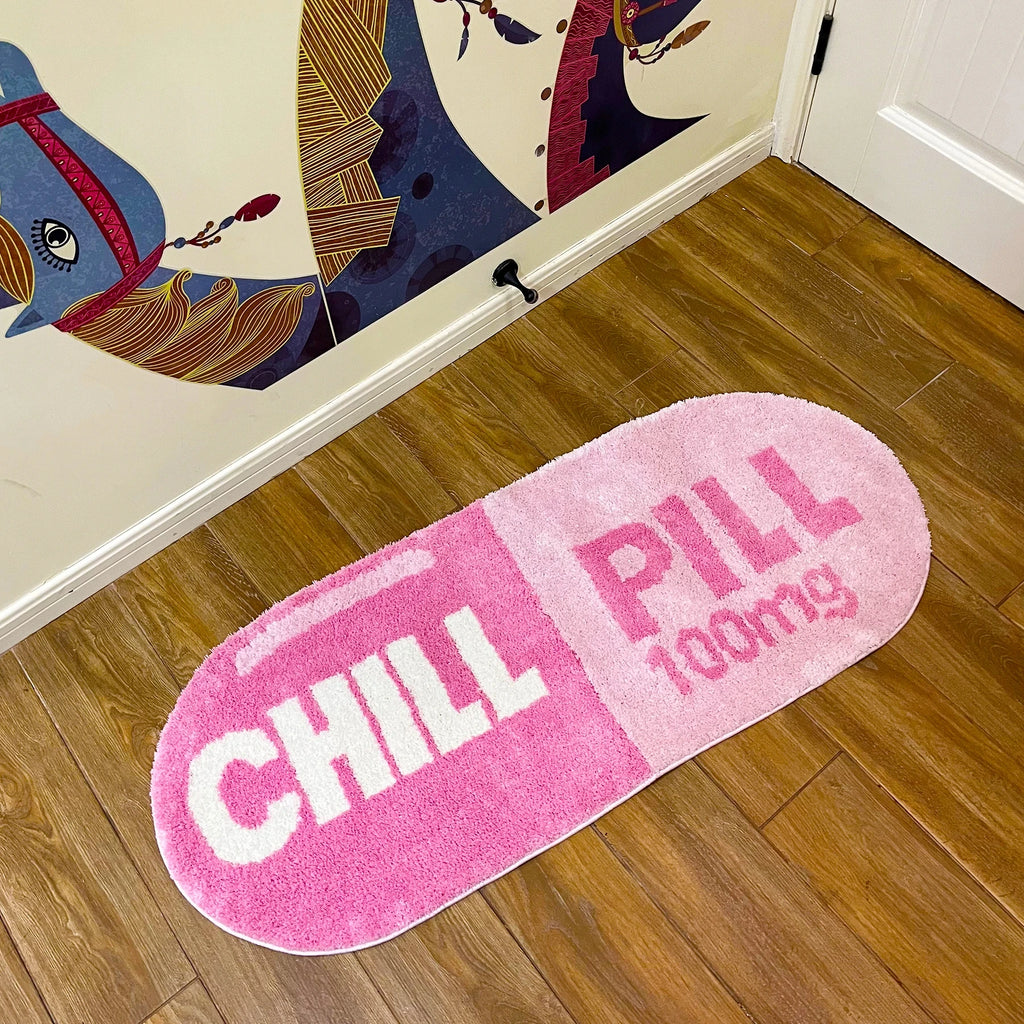 Chill Pill Oval Plush Accent Rug – Quirky Aesthetic Soft Bedroom Mat