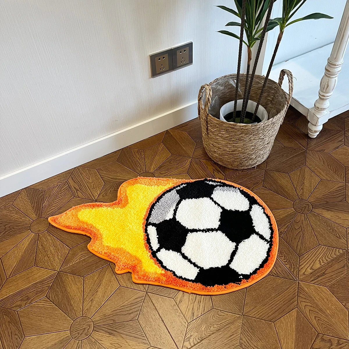 Flaming Soccer Ball Tufted Rug – Bold Sports-Themed Handmade Area Rug