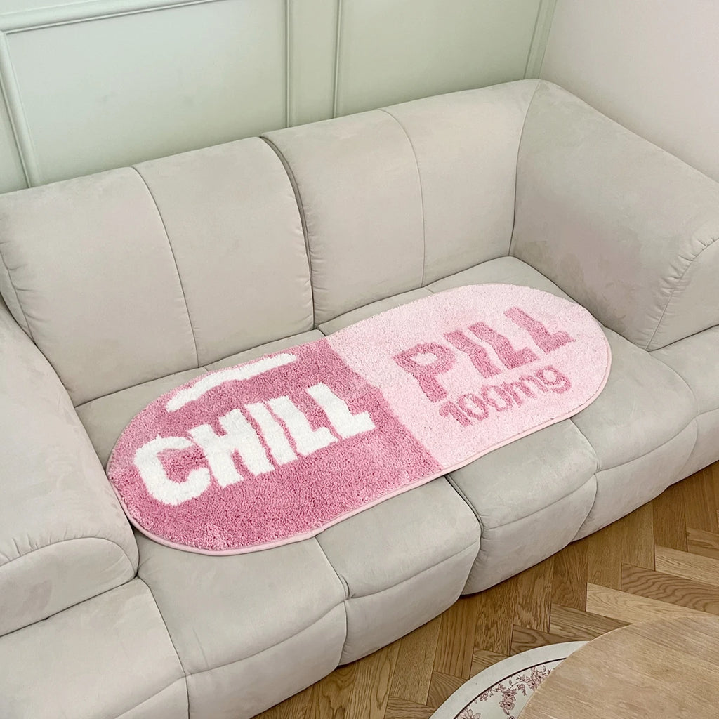 Chill Pill Oval Plush Accent Rug – Quirky Aesthetic Soft Bedroom Mat