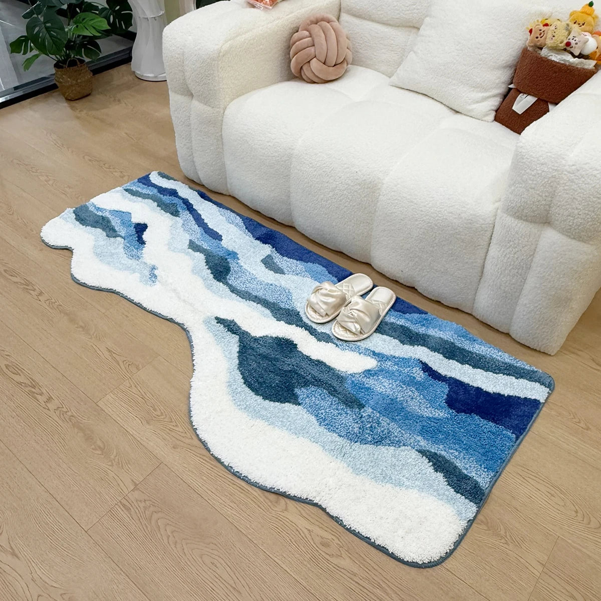 Ocean Wave Plush Bathroom & Bedroom Rug – Coastal Blue Soft Non-Slip Floor Mat