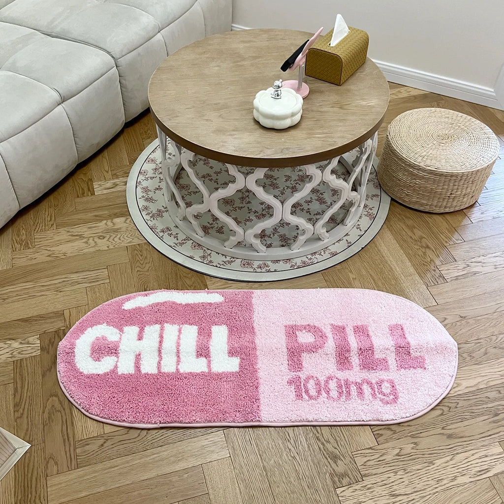 Chill Pill Oval Plush Accent Rug – Quirky Aesthetic Soft Bedroom Mat