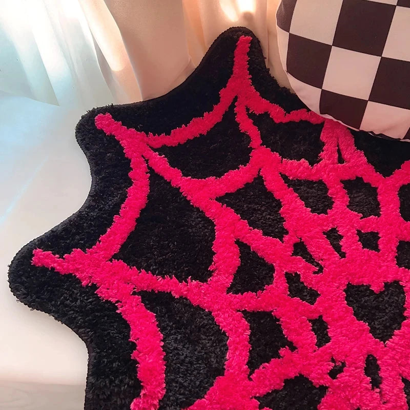 Spider Web Plush Accent Rug – Halloween & Gothic Themed Bedroom Floor Mat