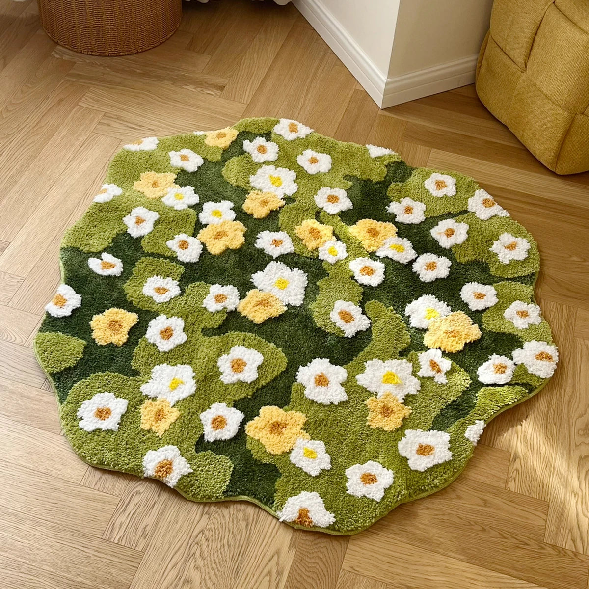 Daisy Meadow Moss Green Plush Rug – Cottagecore Floral Soft Bedroom Floor Mat