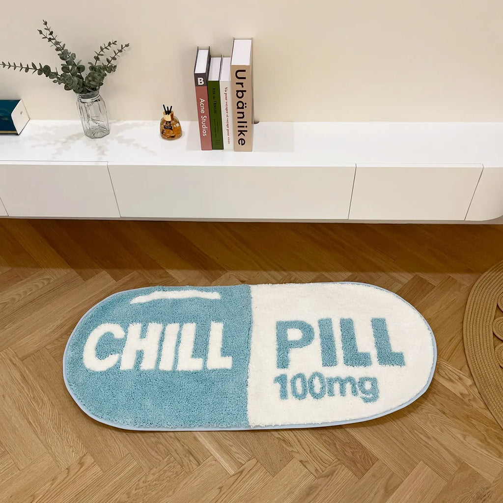 Chill Pill Oval Plush Accent Rug – Quirky Aesthetic Soft Bedroom Mat