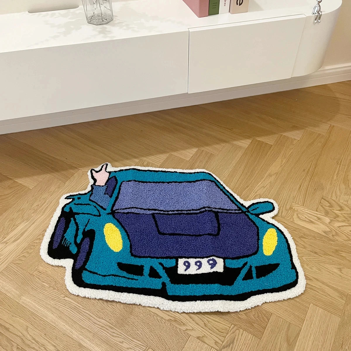 Turquoise & Purple Sports Car Shag Rug – Cool Novelty Racing Car Shaped Floor Mat