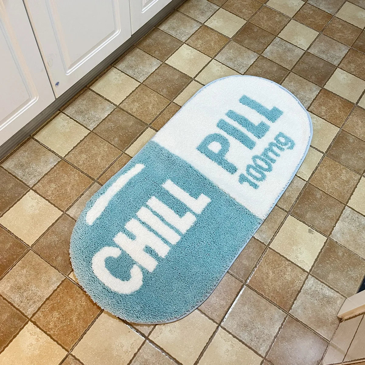 Chill Pill Oval Plush Accent Rug – Quirky Aesthetic Soft Bedroom Mat