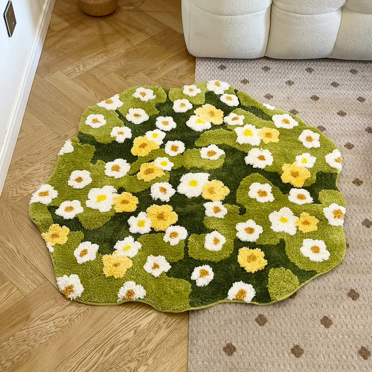 Daisy Meadow Moss Green Plush Rug – Cottagecore Floral Soft Bedroom Floor Mat