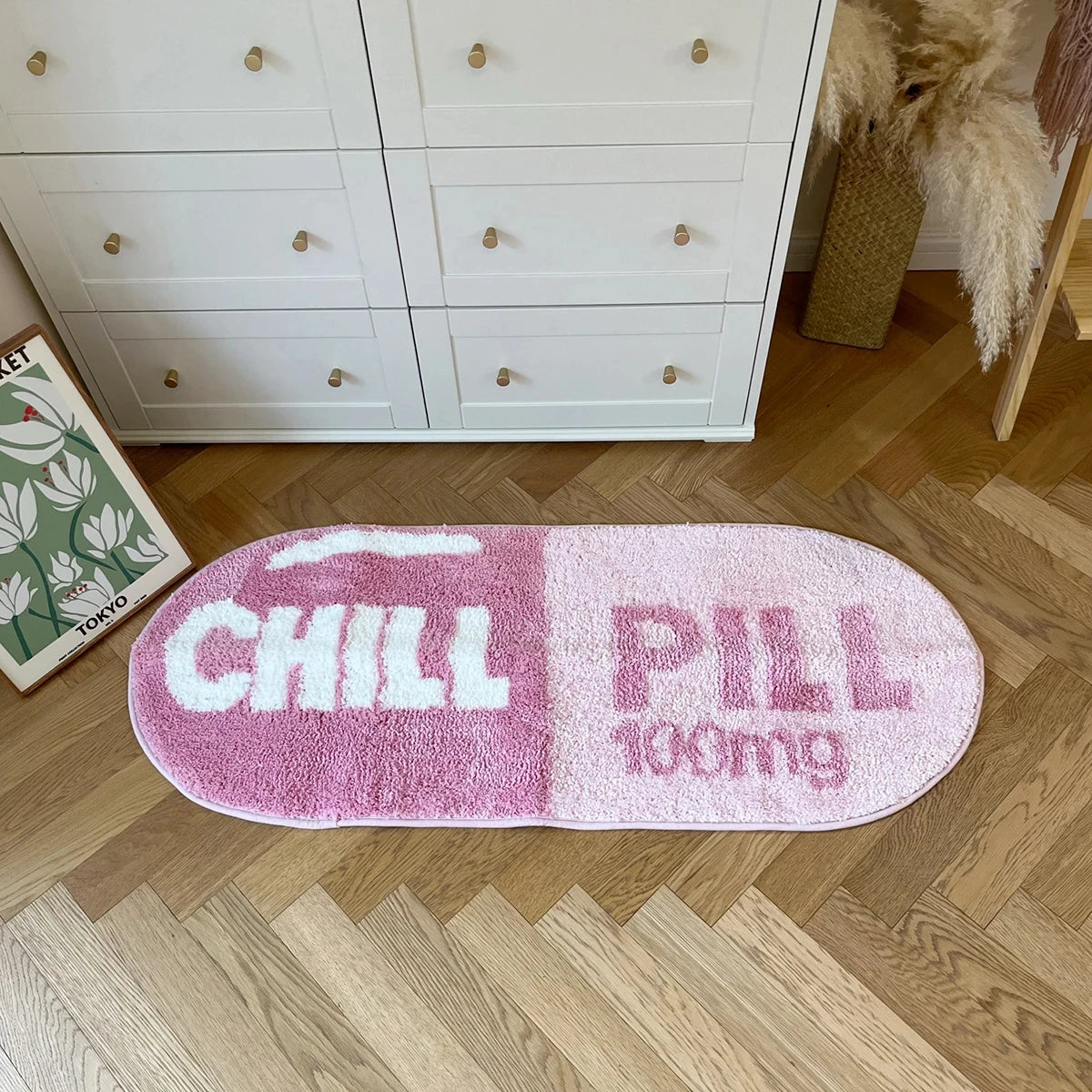 Chill Pill Oval Plush Accent Rug – Quirky Aesthetic Soft Bedroom Mat