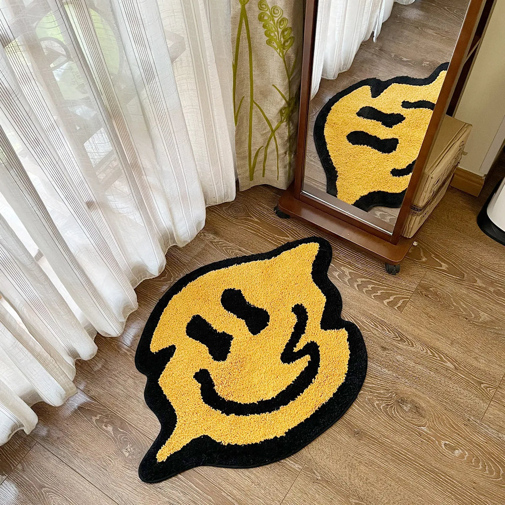 Trippy Smiley Face Fluffy Accent Rug – Psychedelic Retro Bedroom Decor Mat