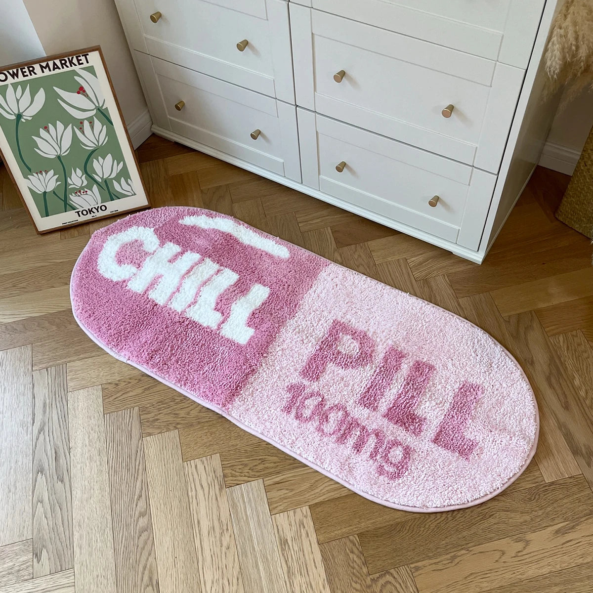 Chill Pill Oval Plush Accent Rug – Quirky Aesthetic Soft Bedroom Mat