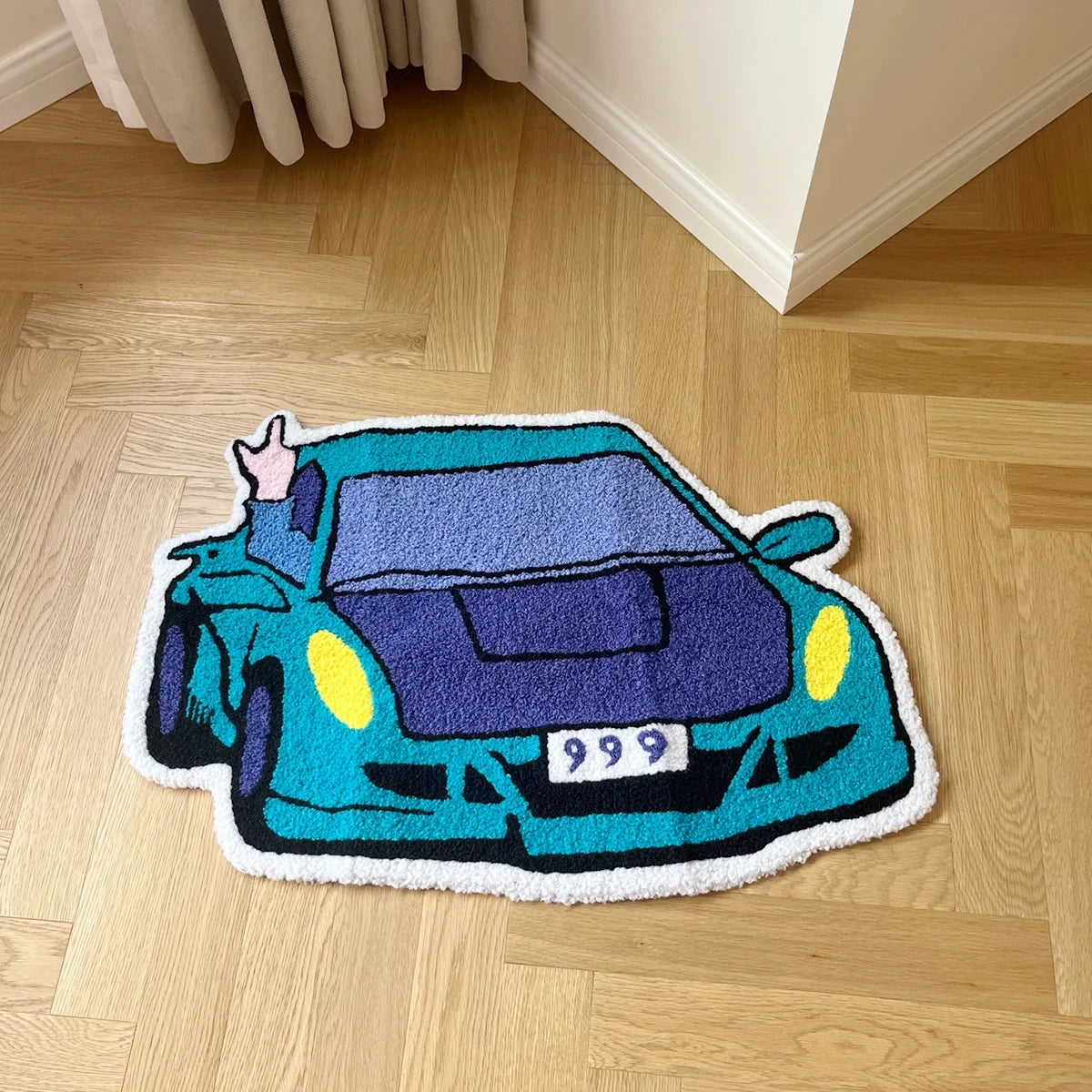 Turquoise & Purple Sports Car Shag Rug – Cool Novelty Racing Car Shaped Floor Mat