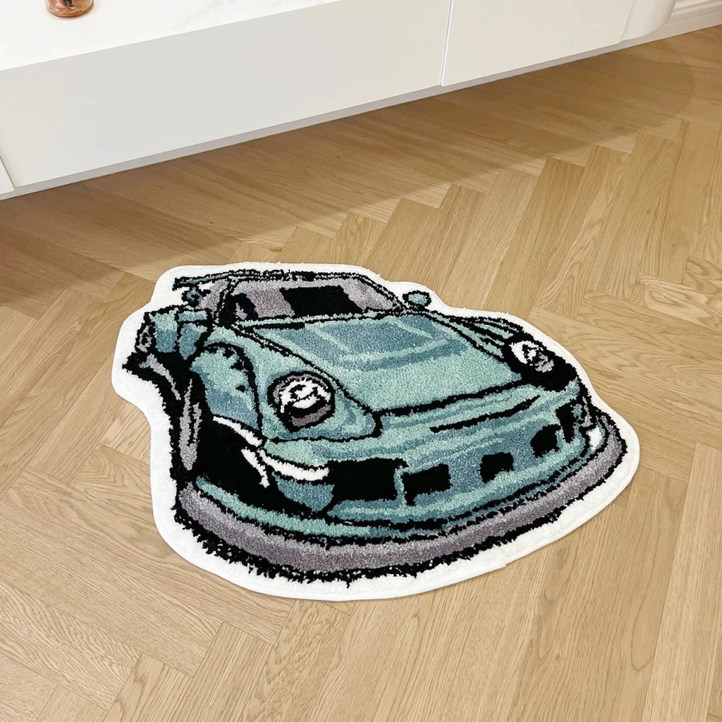 Green Sports Car Shaped Accent Rug – Novelty Racing Car Bedroom Floor Mat