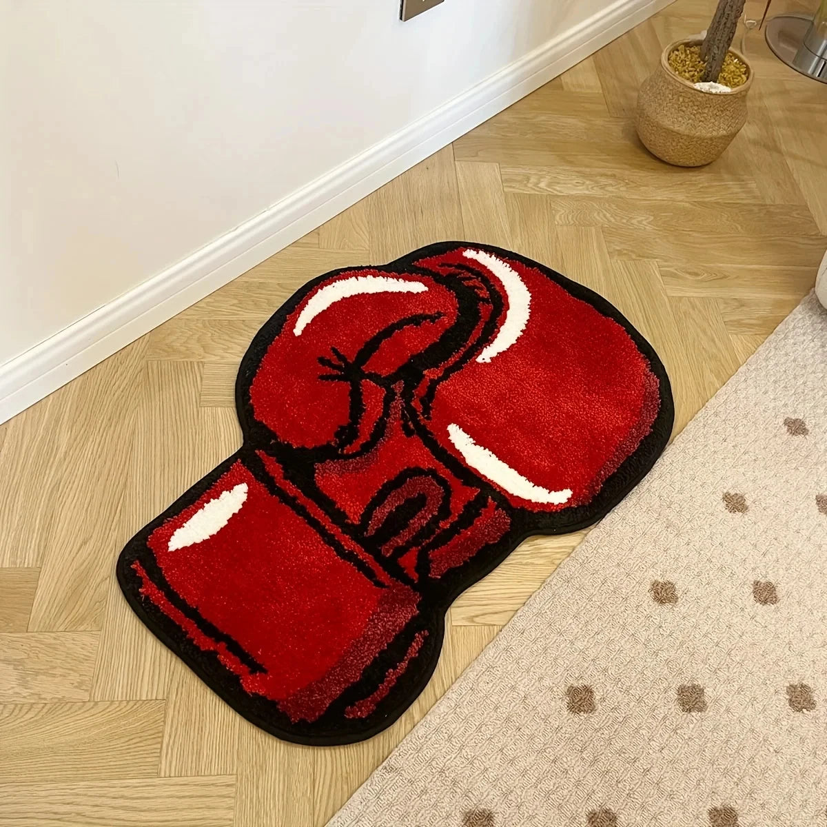 Boxing Gloves Fluffy Tufted Accent Rug – Sports-Themed Shaped Bedroom Floor Mat