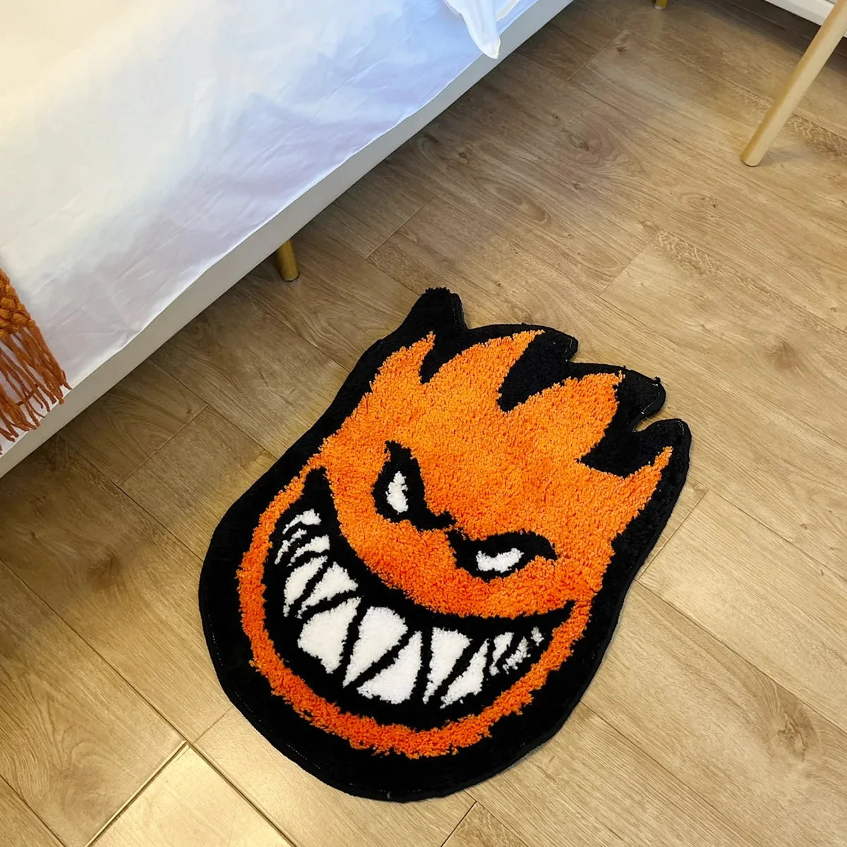 Orange Flame Plush Bedside & Bath Mat – Bold Fire-Shaped Novelty Area Rug
