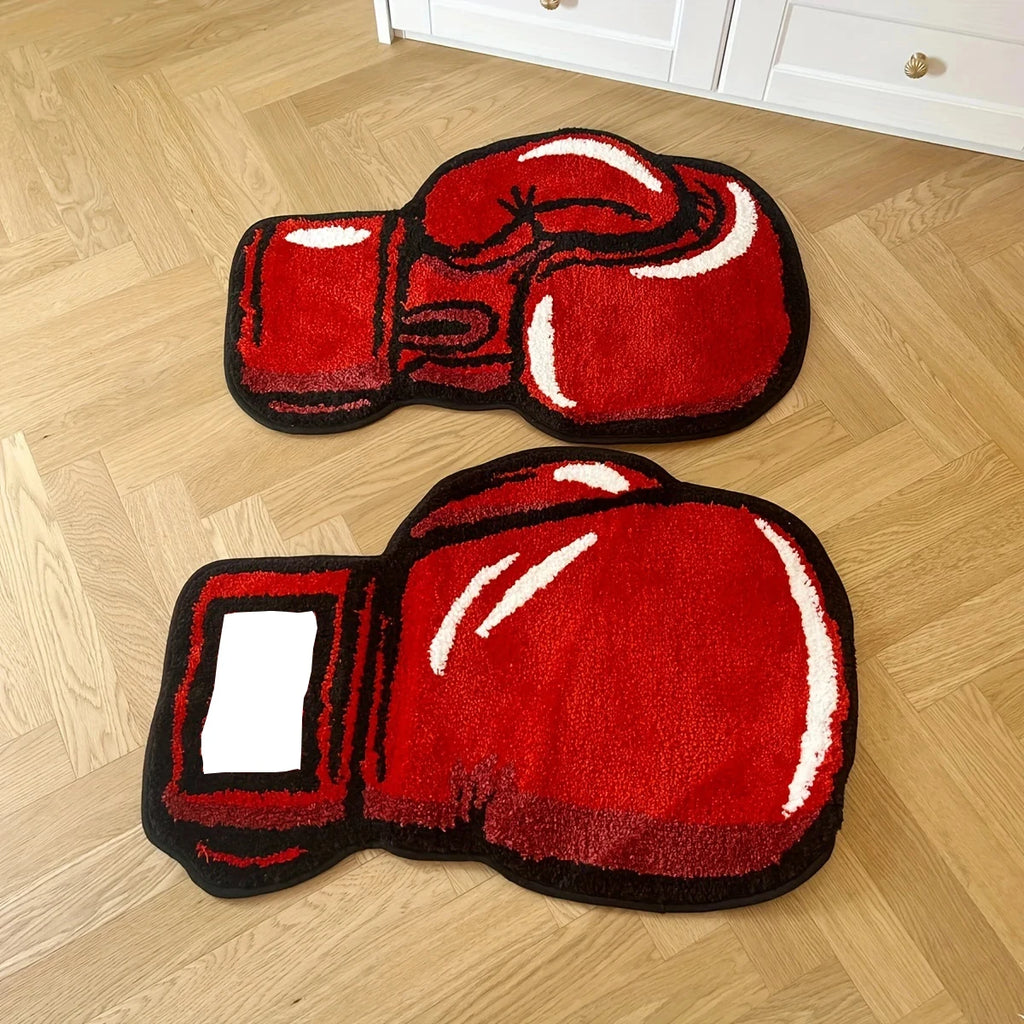 Boxing Gloves Fluffy Tufted Accent Rug – Sports-Themed Shaped Bedroom Floor Mat