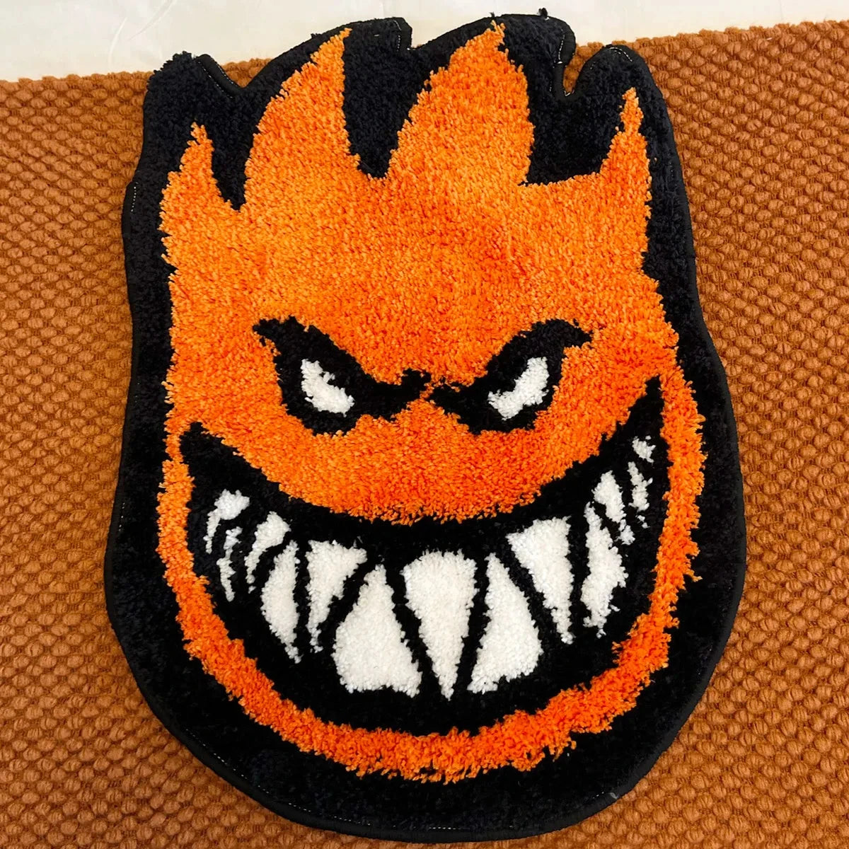 Orange Flame Plush Bedside & Bath Mat – Bold Fire-Shaped Novelty Area Rug