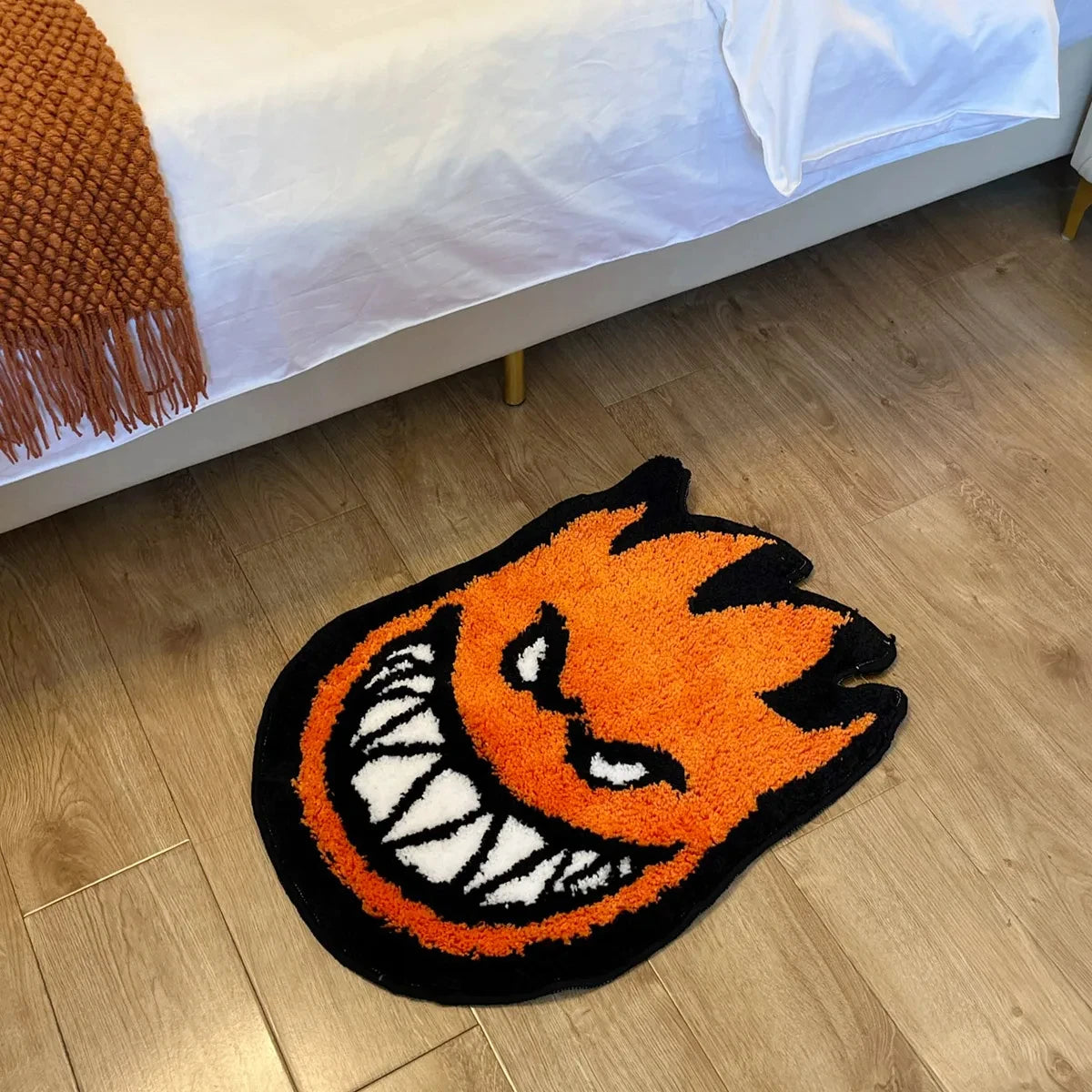 Orange Flame Plush Bedside & Bath Mat – Bold Fire-Shaped Novelty Area Rug