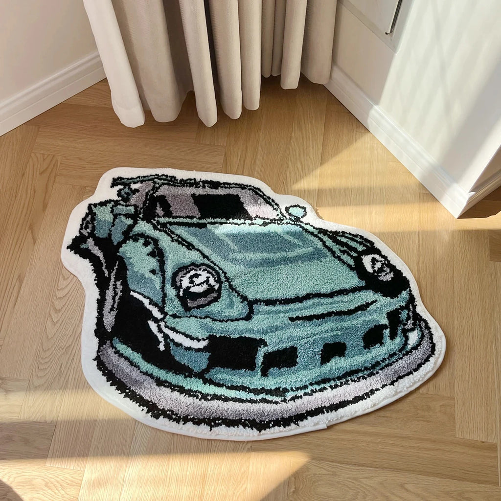 Green Sports Car Shaped Accent Rug – Novelty Racing Car Bedroom Floor Mat