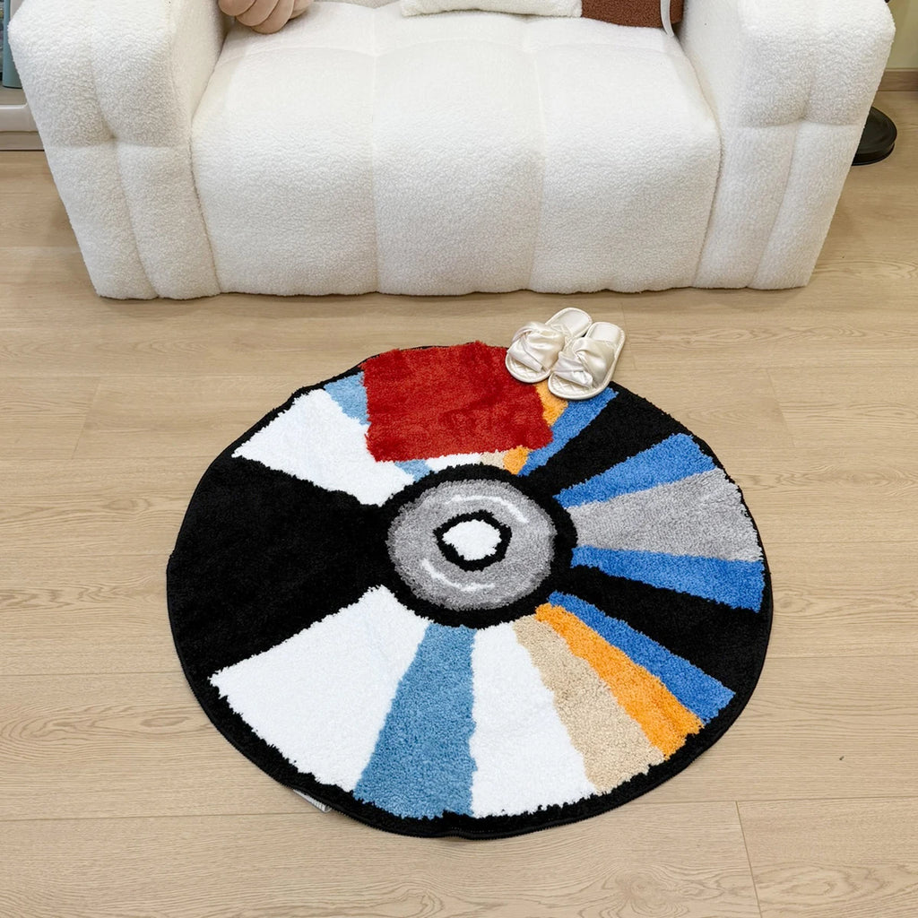 Vibrant CD Record Shaped Tufted Rug – 3D Retro Round Carpet for Living Room
