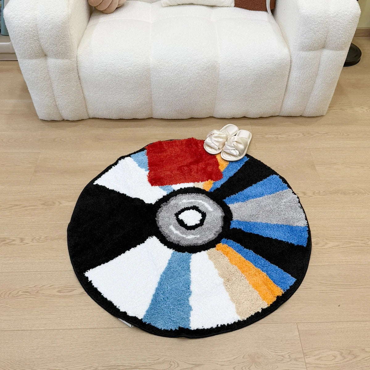Vibrant CD Record Shaped Tufted Rug – 3D Retro Round Carpet for Living Room