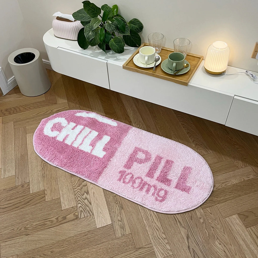Chill Pill Oval Plush Accent Rug – Quirky Aesthetic Soft Bedroom Mat