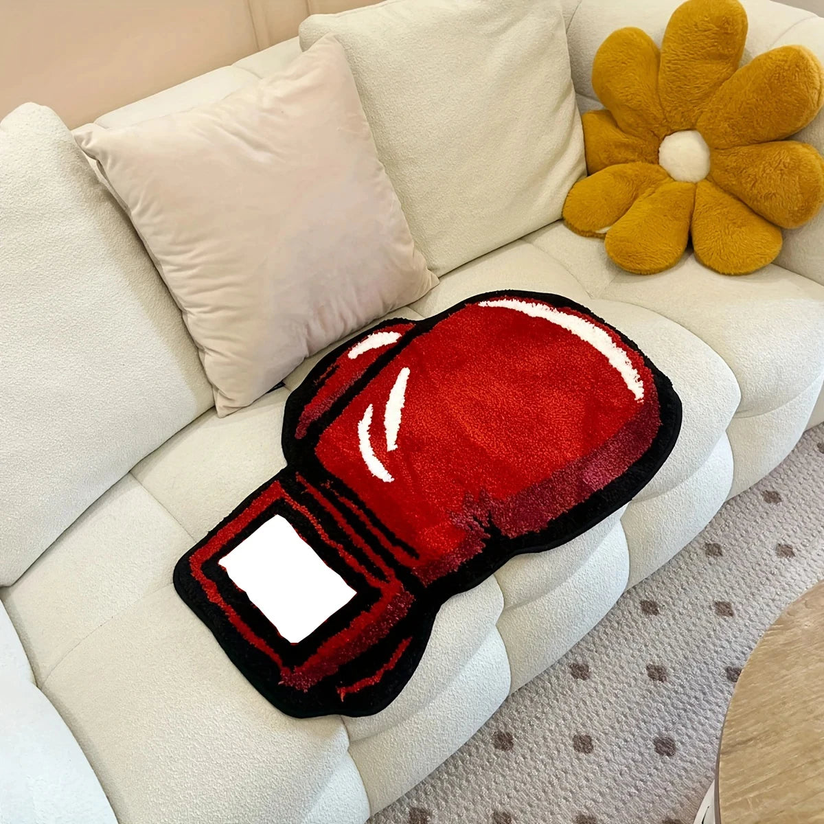 Boxing Gloves Fluffy Tufted Accent Rug – Sports-Themed Shaped Bedroom Floor Mat