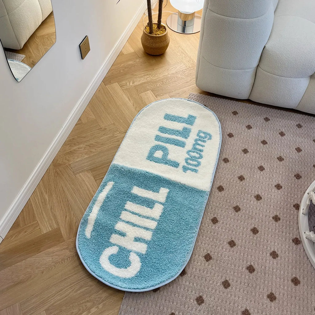 Chill Pill Oval Plush Accent Rug – Quirky Aesthetic Soft Bedroom Mat